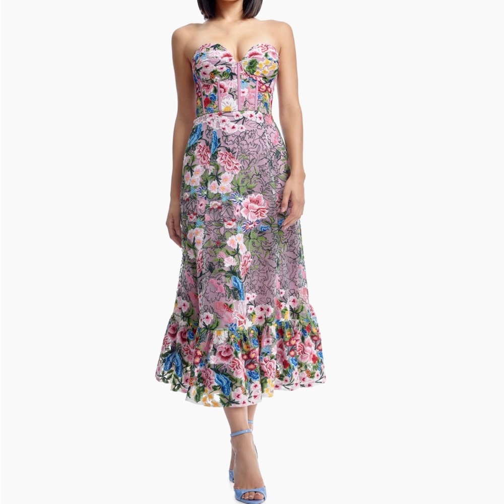 Dress the Population Strapless Floral Corset Midi Dress in Pink and Blue